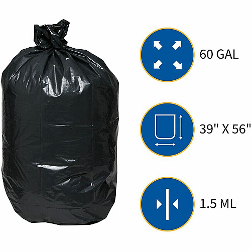 Genuine Joe Heavy-Duty Trash Can Liners 60 gal Capacity - 56" Length x 39" Width x 1.50 mil (38 Micron) Thickness - Low Density - Black - Plastic Resin - Waste, Debris, Can - 50/Box - 96 / Pallet (GJO01535PL)