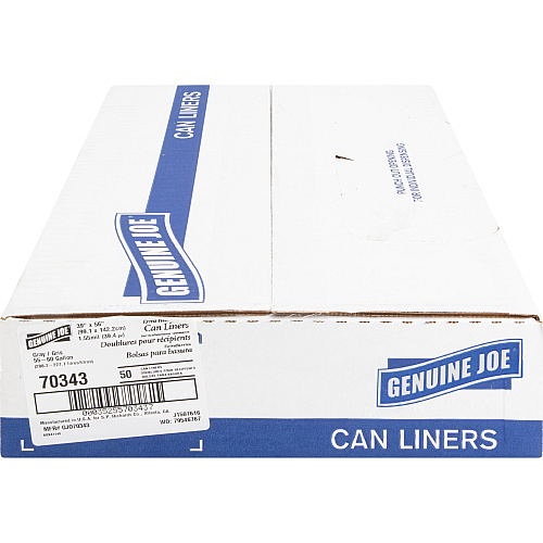 Genuine Joe Maximum Strength Trash Can Liner Extra Large Size - 60 gal Capacity - 56" Length x 39" Width x 1.55 mil (39 Micron) Thickness - Low Density - Gray - Plastic Resin - Food Waste, Office Waste, Can, Debris - Recycled - 50/Box - 96 /  (GJO70343PL)