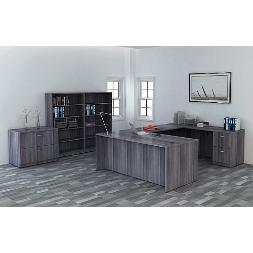 Lorell Essentials Series Rectangular Desk Shell 29.5" Height x 66" Width x 30" Depth, x 1" Thickness Top - Laminate, Weathered Charcoal Table Top - Grommet (LLR69546)