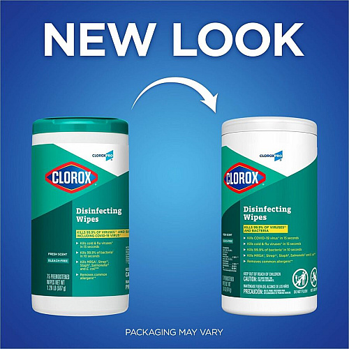 CloroxPro&trade; Disinfecting Wipes Ready-To-Use - Fresh Scent - Easy Tear, Pre-moistened, Bleach-free, Phosphorous-free, Easy to Use, Antibacterial - Green - 75/Tub - 480 / Pallet (15949PL)