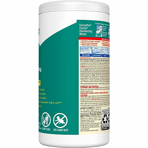 CloroxPro&trade; Disinfecting Wipes Ready-To-Use - Fresh Scent - Easy Tear, Pre-moistened, Bleach-free, Phosphorous-free, Easy to Use, Antibacterial - Green - 75/Tub - 480 / Pallet (15949PL)