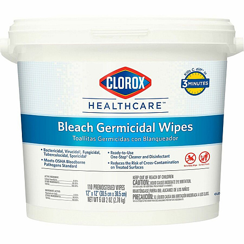 Clorox Healthcare Bleach Germicidal Wipes Ready-To-Use - 12" Length x 12" Width - Anti-corrosive, Antibacterial - White - 110/Tub - 50 / Bundle (30358BD)