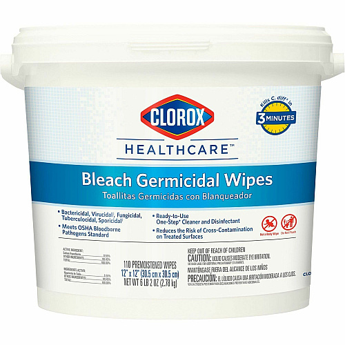Clorox Healthcare Bleach Germicidal Wipes Ready-To-Use - 12" Length x 12" Width - Anti-corrosive, Antibacterial - White - 110/Tub - 100 / Pallet (30358PL)