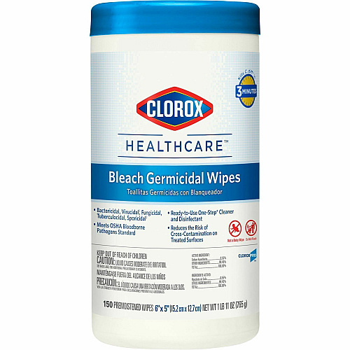 Clorox Healthcare Bleach Germicidal Wipes Ready-To-Use - 5" Length x 6" Width - Anti-corrosive, Residue-free - White - 150/Tub - 300 / Pallet (30577PL)
