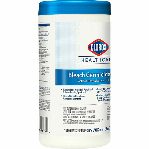 Clorox Healthcare Bleach Germicidal Wipes Ready-To-Use - 5" Length x 6" Width - Anti-corrosive, Residue-free - White - 150/Tub - 300 / Pallet (30577PL)