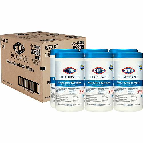 Clorox Healthcare Bleach Germicidal Wipes Ready-To-Use - 9" Length x 6.75" Width - Anti-corrosive, Antibacterial - White - 70/Tub - 450 / Pallet (35309PL)
