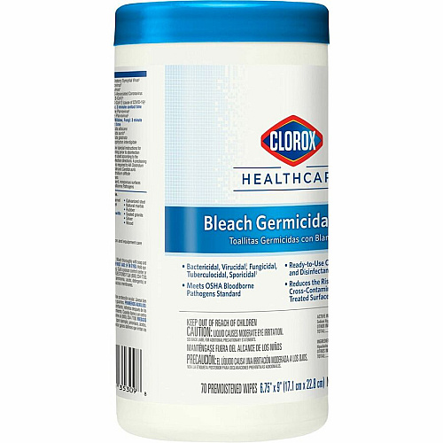 Clorox Healthcare Bleach Germicidal Wipes Ready-To-Use - 9" Length x 6.75" Width - Anti-corrosive, Antibacterial - White - 70/Tub - 450 / Pallet (35309PL)