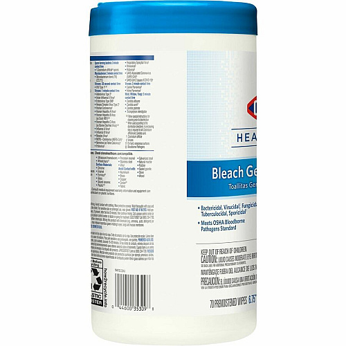 Clorox Healthcare Bleach Germicidal Wipes Ready-To-Use - 9" Length x 6.75" Width - Anti-corrosive, Antibacterial - White - 70/Tub - 450 / Pallet (35309PL)