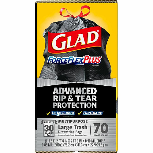 Glad Large Drawstring Trash Bags - ForceFlexPlus 30 gal Capacity - 1.05 mil (27 Micron) Thickness - Drawstring Closure - Black - Kitchen, Outdoor, Commercial, Office - 70/Box - 78 / Bundle (70358BD)
