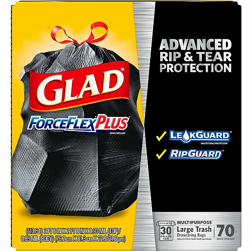 Glad Large Drawstring Trash Bags - ForceFlexPlus 30 gal Capacity - 1.05 mil (27 Micron) Thickness - Drawstring Closure - Black - Kitchen, Outdoor, Commercial, Office - 70/Box - 156 / Pallet (70358PL)