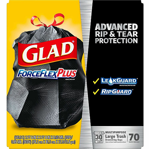 Glad Large Drawstring Trash Bags - ForceFlexPlus 30 gal Capacity - 1.05 mil (27 Micron) Thickness - Drawstring Closure - Black - Kitchen, Outdoor, Commercial, Office - 70/Box - 156 / Pallet (70358PL)
