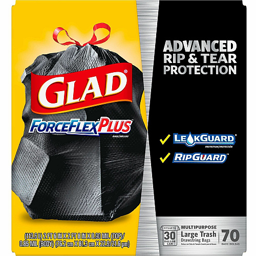 Glad Large Drawstring Trash Bags - ForceFlexPlus 30 gal Capacity - 1.05 mil (27 Micron) Thickness - Drawstring Closure - Black - Kitchen, Outdoor, Commercial, Office - 70/Box - 156 / Pallet (70358PL)