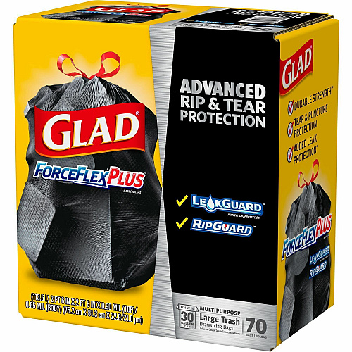 Glad Large Drawstring Trash Bags - ForceFlexPlus 30 gal Capacity - 1.05 mil (27 Micron) Thickness - Drawstring Closure - Black - Kitchen, Outdoor, Commercial, Office - 70/Box - 156 / Pallet (70358PL)