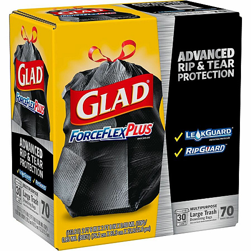 Glad Large Drawstring Trash Bags - ForceFlexPlus 30 gal Capacity - 1.05 mil (27 Micron) Thickness - Drawstring Closure - Black - Kitchen, Outdoor, Commercial, Office - 70/Box - 156 / Pallet (70358PL)