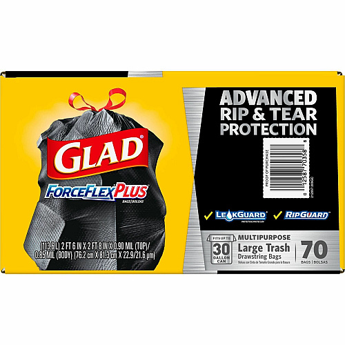 Glad Large Drawstring Trash Bags - ForceFlexPlus 30 gal Capacity - 1.05 mil (27 Micron) Thickness - Drawstring Closure - Black - Kitchen, Outdoor, Commercial, Office - 70/Box - 156 / Pallet (70358PL)