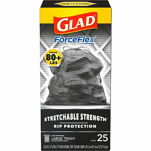 Glad ForceFlexPlus Large Drawstring Trash Bags Large Size - 30 gal Capacity - Drawstring Closure - Black - Home, Office, Can - 25/Box - 156 / Bundle (70359BD)