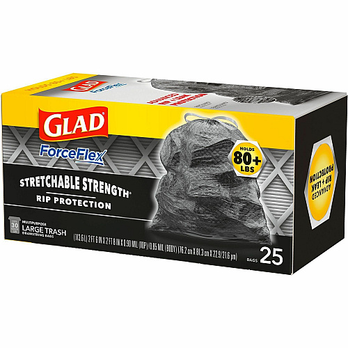Glad ForceFlexPlus Large Drawstring Trash Bags Large Size - 30 gal Capacity - Drawstring Closure - Black - Home, Office, Can - 25/Box - 156 / Bundle (70359BD)