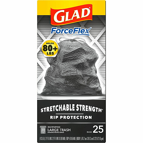 Glad ForceFlexPlus Large Drawstring Trash Bags Large Size - 30 gal Capacity - Drawstring Closure - Black - Home, Office, Can - 25/Box - 156 / Bundle (70359BD)