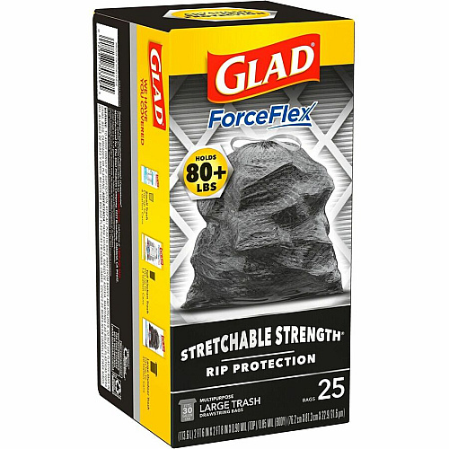Glad ForceFlexPlus Large Drawstring Trash Bags Large Size - 30 gal Capacity - Drawstring Closure - Black - Home, Office, Can - 25/Box - 156 / Bundle (70359BD)