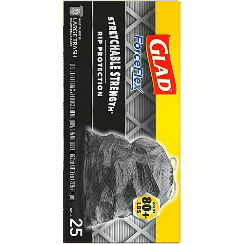 Glad ForceFlexPlus Large Drawstring Trash Bags Large Size - 30 gal Capacity - Drawstring Closure - Black - Home, Office, Can - 25/Box - 156 / Bundle (70359BD)