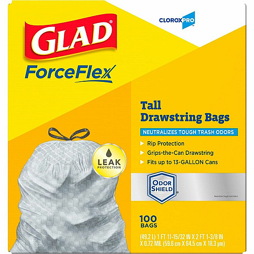 CloroxPro&trade; ForceFlex Tall Kitchen Drawstring Trash Bags 13 gal Capacity - 0.90 mil (23 Micron) Thickness - Drawstring Closure - Gray - Kitchen, Can, Office, Breakroom, School, Restaurant, Commercial, Cafeteria - 100/Box - 78 / Bundle (70427BD)