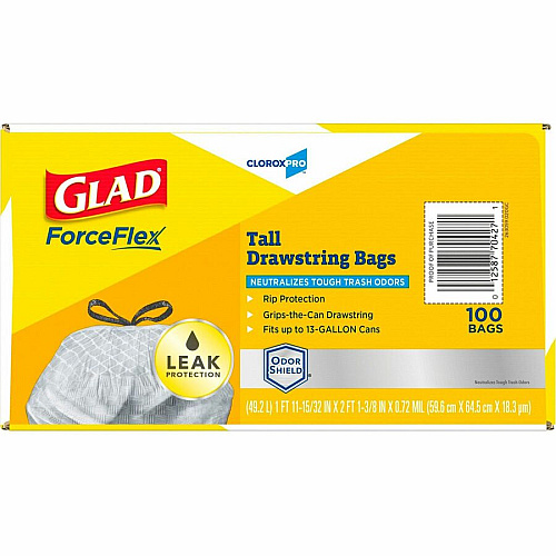 CloroxPro&trade; ForceFlex Tall Kitchen Drawstring Trash Bags 13 gal Capacity - 0.90 mil (23 Micron) Thickness - Drawstring Closure - Gray - Kitchen, Can, Office, Breakroom, School, Restaurant, Commercial, Cafeteria - 100/Box - 78 / Bundle (70427BD)