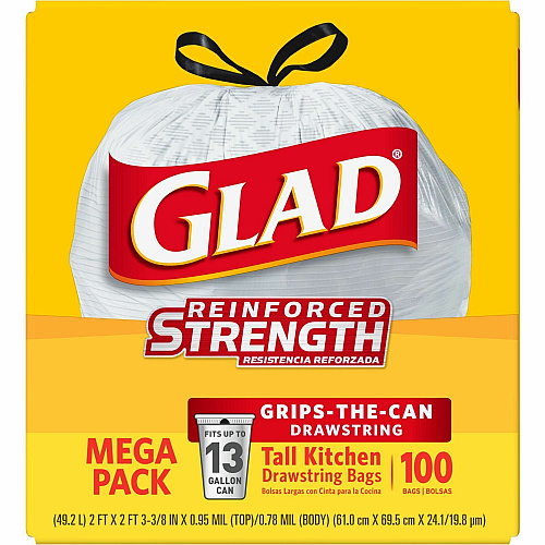 Glad ForceFlex Tall Kitchen Drawstring Trash Bags 13 gal Capacity - 27" Length x 24" Width x 9 mil (229 Micron) Thickness - Drawstring Closure - White - Plastic - Kitchen, Office, Day Care, Restaurant, School - 100/Box - 72 / Bundle (78526BD)