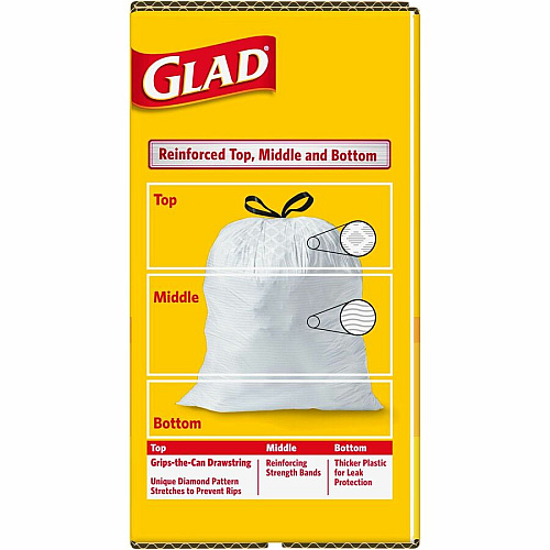 Glad ForceFlex Tall Kitchen Drawstring Trash Bags 13 gal Capacity - 27" Length x 24" Width x 9 mil (229 Micron) Thickness - Drawstring Closure - White - Plastic - Kitchen, Office, Day Care, Restaurant, School - 100/Box - 72 / Bundle (78526BD)
