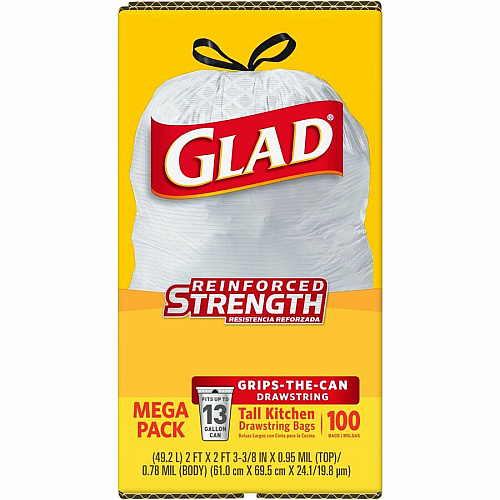 Glad ForceFlex Tall Kitchen Drawstring Trash Bags 13 gal Capacity - 27" Length x 24" Width x 9 mil (229 Micron) Thickness - Drawstring Closure - White - Plastic - Kitchen, Office, Day Care, Restaurant, School - 100/Box - 72 / Bundle (78526BD)