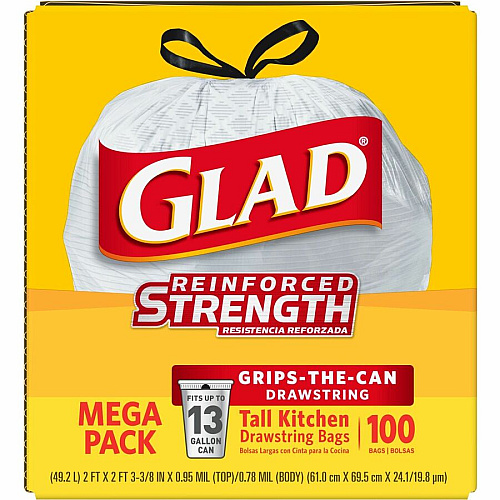 Glad ForceFlex Tall Kitchen Drawstring Trash Bags 13 gal Capacity - 27" Length x 24" Width x 9 mil (229 Micron) Thickness - Drawstring Closure - White - Plastic - Kitchen, Office, Day Care, Restaurant, School - 100/Box - 72 / Bundle (78526BD)