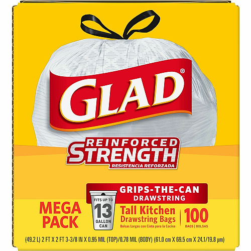 Glad ForceFlex Tall Kitchen Drawstring Trash Bags 13 gal Capacity - 27" Length x 24" Width x 9 mil (229 Micron) Thickness - Drawstring Closure - White - Plastic - Kitchen, Office, Day Care, Restaurant, School - 100/Box - 72 / Bundle (78526BD)
