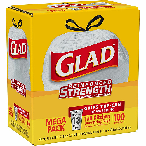 Glad ForceFlex Tall Kitchen Drawstring Trash Bags 13 gal Capacity - 27" Length x 24" Width x 9 mil (229 Micron) Thickness - Drawstring Closure - White - Plastic - Kitchen, Office, Day Care, Restaurant, School - 100/Box - 72 / Bundle (78526BD)