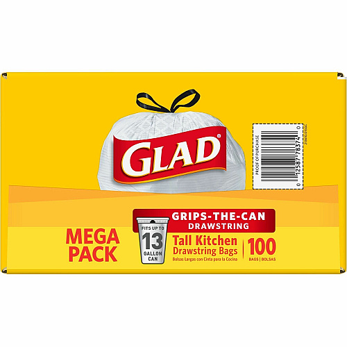 Glad ForceFlex Tall Kitchen Drawstring Trash Bags 13 gal Capacity - 27" Length x 24" Width x 9 mil (229 Micron) Thickness - Drawstring Closure - White - Plastic - Kitchen, Office, Day Care, Restaurant, School - 100/Box - 72 / Bundle (78526BD)
