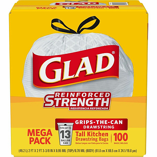 Glad ForceFlex Tall Kitchen Drawstring Trash Bags 13 gal Capacity - 27" Length x 24" Width x 9 mil (229 Micron) Thickness - Drawstring Closure - White - Plastic - Kitchen, Office, Day Care, Restaurant, School - 100/Box - 144 / Pallet (78526PL)