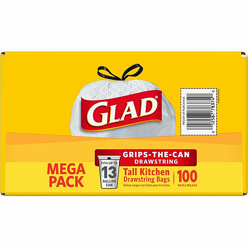 Glad ForceFlex Tall Kitchen Drawstring Trash Bags 13 gal Capacity - 27" Length x 24" Width x 9 mil (229 Micron) Thickness - Drawstring Closure - White - Plastic - Kitchen, Office, Day Care, Restaurant, School - 100/Box - 144 / Pallet (78526PL)