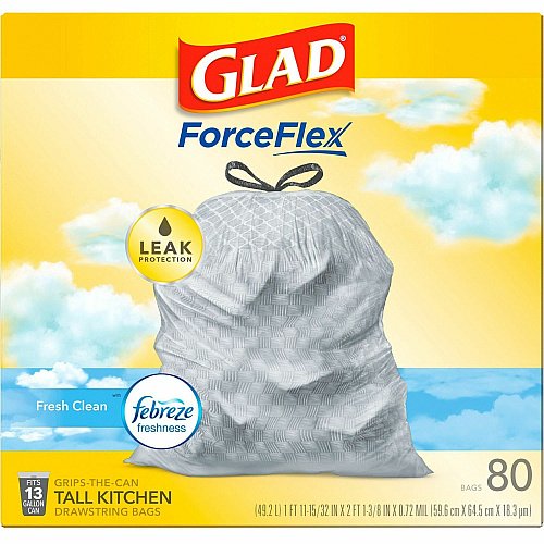 Glad ForceFlex Tall Kitchen Drawstring Trash Bags Fresh Clean with Febreze Freshness - 13 gal Capacity - 0.78 mil (20 Micron) Thickness - Drawstring Closure - White - Kitchen, Home, Office, Garbage, Breakroom, Cafeteria, School, Restaurant, Comm (78899BD)