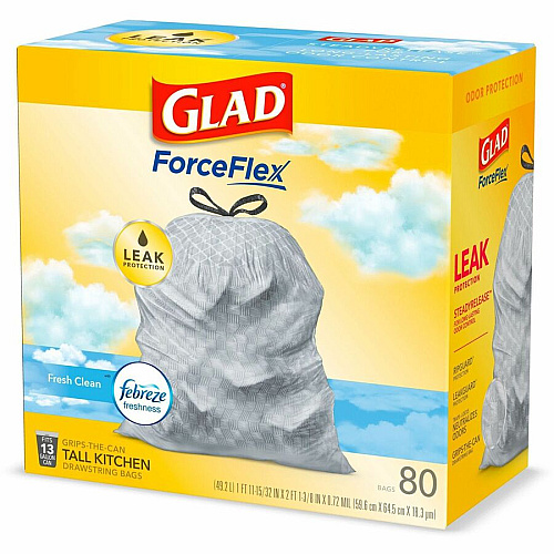 Glad ForceFlex Tall Kitchen Drawstring Trash Bags Fresh Clean with Febreze Freshness - 13 gal Capacity - 0.78 mil (20 Micron) Thickness - Drawstring Closure - White - Kitchen, Home, Office, Garbage, Breakroom, Cafeteria, School, Restaurant, Comm (78899BD)