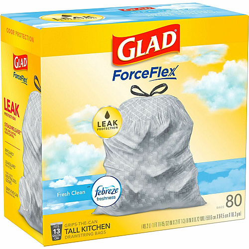 Glad ForceFlex Tall Kitchen Drawstring Trash Bags Fresh Clean with Febreze Freshness - 13 gal Capacity - 0.78 mil (20 Micron) Thickness - Drawstring Closure - White - Kitchen, Home, Office, Garbage, Breakroom, Cafeteria, School, Restaurant, Comm (78899BD)