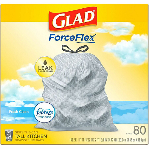 Glad ForceFlex Tall Kitchen Drawstring Trash Bags Fresh Clean with Febreze Freshness - 13 gal Capacity - 0.78 mil (20 Micron) Thickness - Drawstring Closure - White - Kitchen, Home, Office, Garbage, Breakroom, Cafeteria, School, Restaurant, Comm (78899PL)