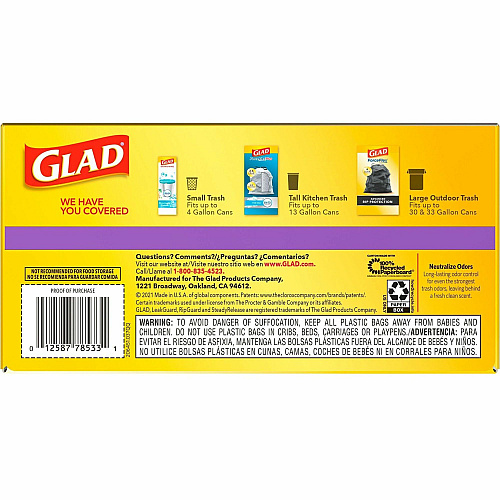 Glad ForceFlex Tall Kitchen Drawstring Trash Bags Gain Lavender with Febreze Freshness - 13 gal Capacity - 27.36" Length x 24.02" Width x 0.78 mil (20 Micron) Thickness - Drawstring Closure - White - Kitchen, Garbage, Office - 80/Box - 120 / Bun (78902BD)