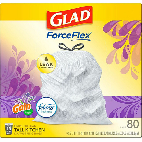 Glad ForceFlex Tall Kitchen Drawstring Trash Bags Gain Lavender with Febreze Freshness - 13 gal Capacity - 27.36" Length x 24.02" Width x 0.78 mil (20 Micron) Thickness - Drawstring Closure - White - Kitchen, Garbage, Office - 80/Box - 120 / Bun (78902BD)