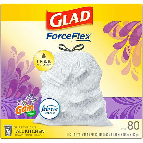 Glad ForceFlex Tall Kitchen Drawstring Trash Bags Gain Lavender with Febreze Freshness - 13 gal Capacity - 27.36" Length x 24.02" Width x 0.78 mil (20 Micron) Thickness - Drawstring Closure - White - Kitchen, Garbage, Office - 80/Box - 120 / Bun (78902BD)