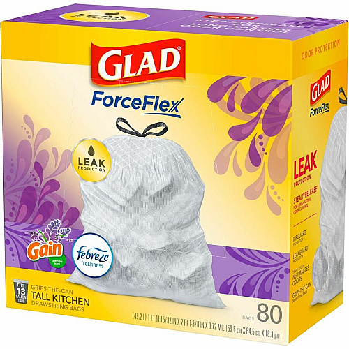 Glad ForceFlex Tall Kitchen Drawstring Trash Bags Gain Lavender with Febreze Freshness - 13 gal Capacity - 27.36" Length x 24.02" Width x 0.78 mil (20 Micron) Thickness - Drawstring Closure - White - Kitchen, Garbage, Office - 80/Box - 120 / Bun (78902BD)
