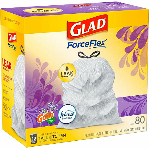 Glad ForceFlex Tall Kitchen Drawstring Trash Bags Gain Lavender with Febreze Freshness - 13 gal Capacity - 27.36" Length x 24.02" Width x 0.78 mil (20 Micron) Thickness - Drawstring Closure - White - Kitchen, Garbage, Office - 80/Box - 120 / Bun (78902BD)