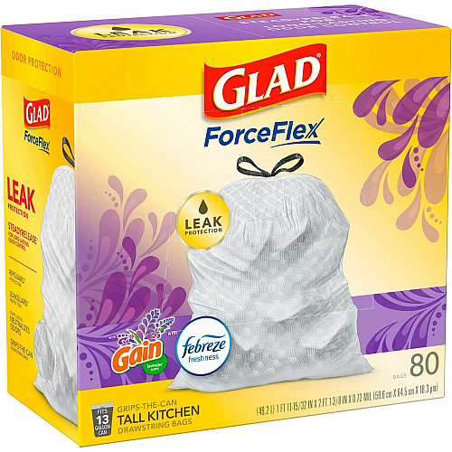 Glad ForceFlex Tall Kitchen Drawstring Trash Bags Gain Lavender with Febreze Freshness - 13 gal Capacity - 27.36" Length x 24.02" Width x 0.78 mil (20 Micron) Thickness - Drawstring Closure - White - Kitchen, Garbage, Office - 80/Box - 120 / Bun (78902BD)