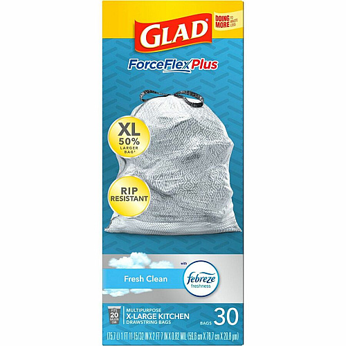 Glad ForceFlexPlus X-Large Kitchen Drawstring Bags Fresh Clean with Febreze Freshness - Large Size - 20 gal Capacity - 32.01" Length x 24.02" Width - Drawstring Closure - Gray - Home, Office, Garbage, Kitchen - 30/Box - 180 / Bundle (78913BD)