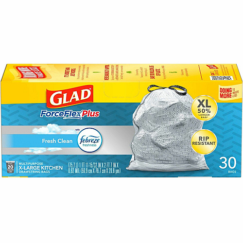 Glad ForceFlexPlus X-Large Kitchen Drawstring Bags Fresh Clean with Febreze Freshness - Large Size - 20 gal Capacity - 32.01" Length x 24.02" Width - Drawstring Closure - Gray - Home, Office, Garbage, Kitchen - 30/Box - 180 / Bundle (78913BD)