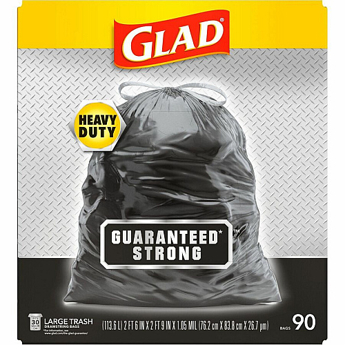 Glad Large Drawstring Trash Bags Large Size - 30 gal Capacity - 32.99" Length x 30" Width x 1.05 mil (27 Micron) Thickness - Drawstring Closure - Black - Plastic - Garbage, Indoor, Outdoor - 90/Box - 68 / Pallet (78952PL)