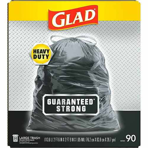 Glad Large Drawstring Trash Bags Large Size - 30 gal Capacity - 32.99" Length x 30" Width x 1.05 mil (27 Micron) Thickness - Drawstring Closure - Black - Plastic - Garbage, Indoor, Outdoor - 90/Box - 68 / Pallet (78952PL)