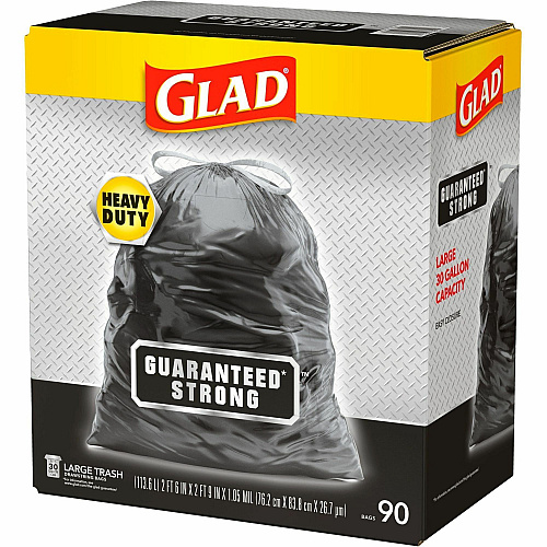 Glad Large Drawstring Trash Bags Large Size - 30 gal Capacity - 32.99" Length x 30" Width x 1.05 mil (27 Micron) Thickness - Drawstring Closure - Black - Plastic - Garbage, Indoor, Outdoor - 90/Box - 68 / Pallet (78952PL)
